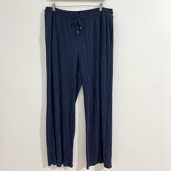 Michael Kors Pull On Pants Size 1X Navy Blue Pleated Slinky Wide Leg Drawstring - Picture 1 of 8